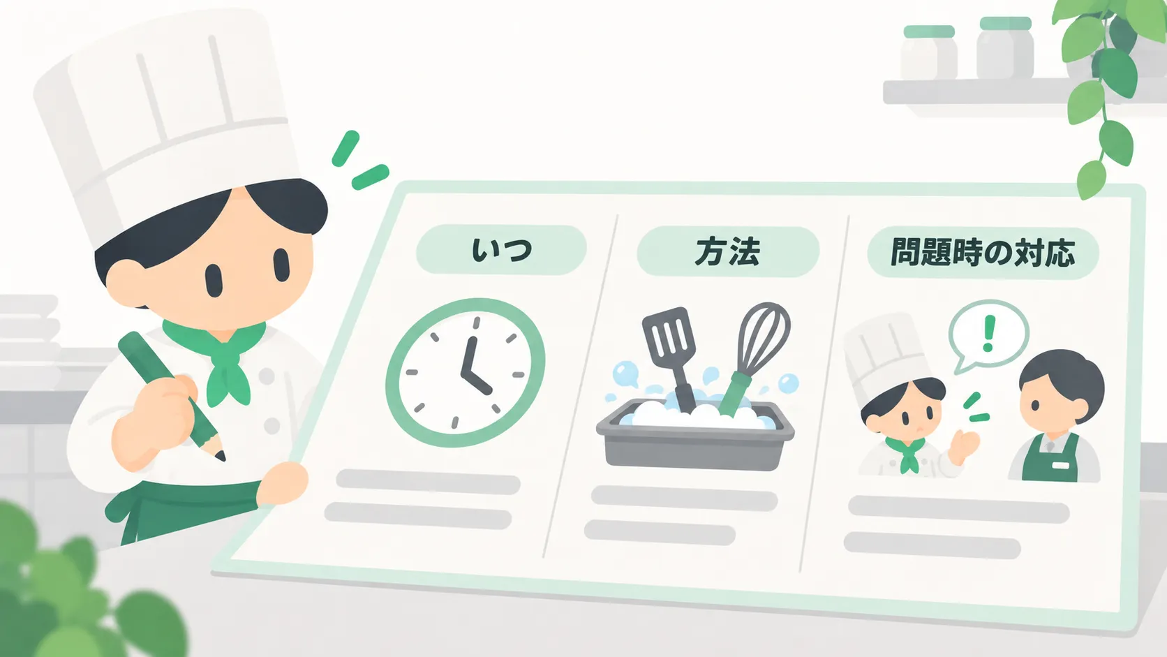 衛生管理計画の「いつ」「方法」「問題時の対応」を書き込む図解