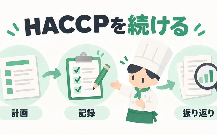 白いコックコートの料理人と、衛生管理の計画・記録・振り返りをつなぐ図解